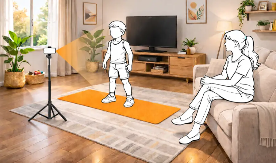 Child on yoga mat with smartphone on tripod—all you need for online sessions